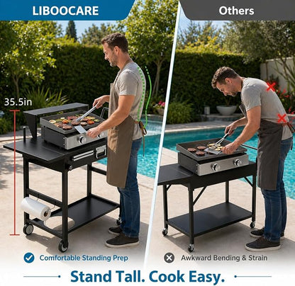 Grill Cart for Blackstone 22 Inch Griddle, 31" Tall Foldable Outdoor Griddle Table with Wheels, BBQ Prep Station with Side Shelf, Bar Top Shelf & Lower Storage
