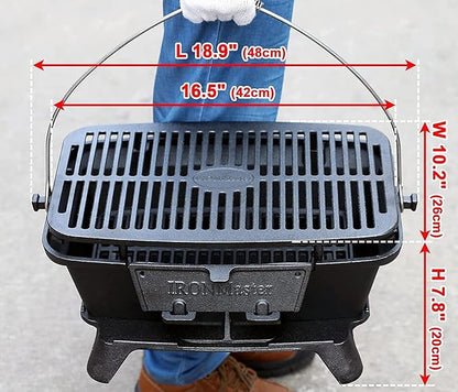 IronMaster Hibachi Grill Outdoor - Small Portable Charcoal Grill, 100% Cast Iron, Japanese Yakitori Tabletop Camping Grill - Cooking Grate Surface 17" x 10.5" for 5-8 People