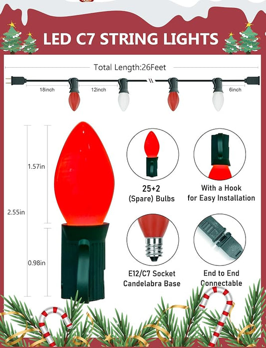 26Ft C7 LED Red and White Christmas Lights, Vintage Christmas Decorations with 27 LED Ceramic Bulbs, Connectable Hanging String Lights for Holiday Party Patio Roofline House Xmas Decor, Green Wire