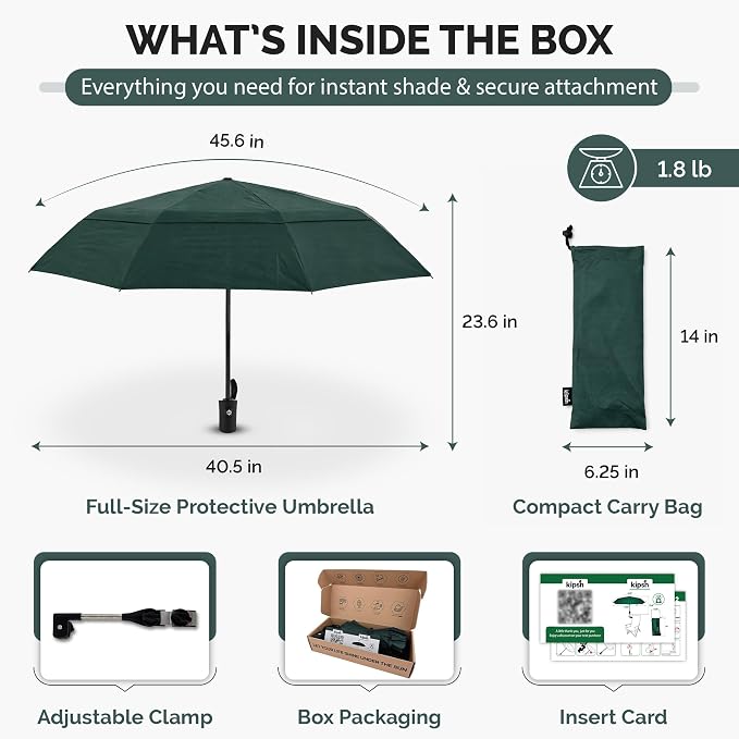 Chair Umbrella with Universal Clamp (Dark Green) | UPF 50+ UV Protection, Clip-on Outdoor Sports Umbrella for Beach Stroller Pool Camp, Compact Lightweight Portable Shade