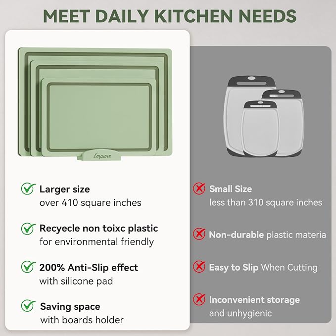 Empune 3-Piece Plastic Cutting Boards for Kitchen - Thick & Non-Slip Chopping Board Set with Juice Grooves, Dishwasher Safe, BPA Free, Includes Large & Small Sizes, Green