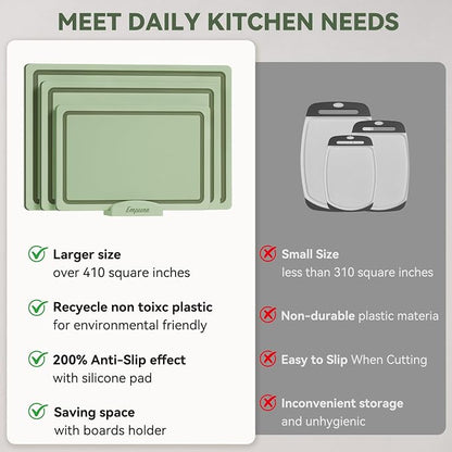 Empune 3-Piece Plastic Cutting Boards for Kitchen - Thick & Non-Slip Chopping Board Set with Juice Grooves, Dishwasher Safe, BPA Free, Includes Large & Small Sizes, Green