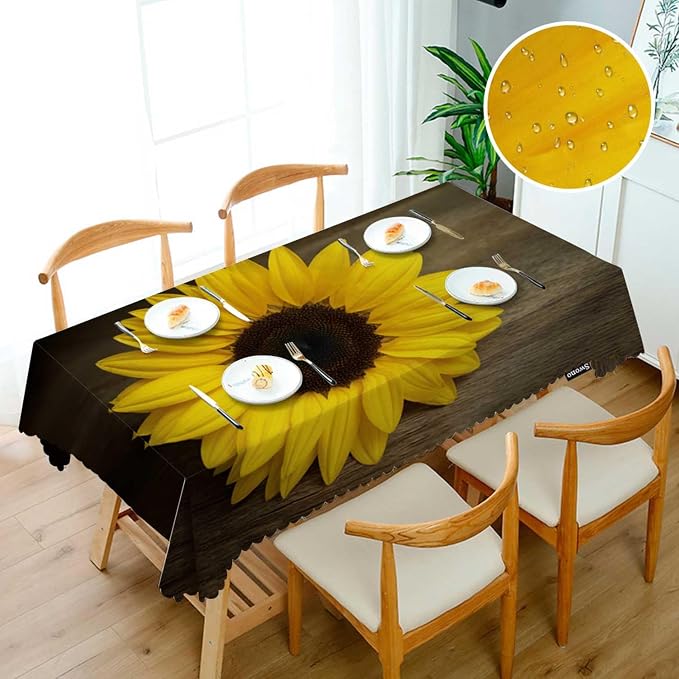 Swono Sunflower Table Cloth Rectangle Tables Retro Garden Autumn Sunflower On Wooden Kitchen Table Cover Oblong 52"X70" Tablecloth for Dining Table Buffet Parties Patio and Camping
