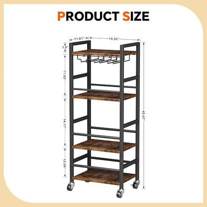 Homeiju Small Bar Cart, Home Bar Serving Cart with 4-Tier Shelf, Mobile Kitchen Shelf with Large Storage and Glass Holder, Mini Bar Cart for Small Spaces, Kitchen and Dining Room, Rustic Brown