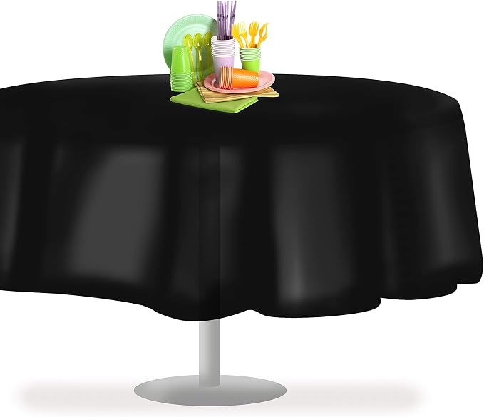 Grandipity 12 Pack Premium Disposable Plastic Tablecloth 84" Inch Decorative Round Table Cover - Black