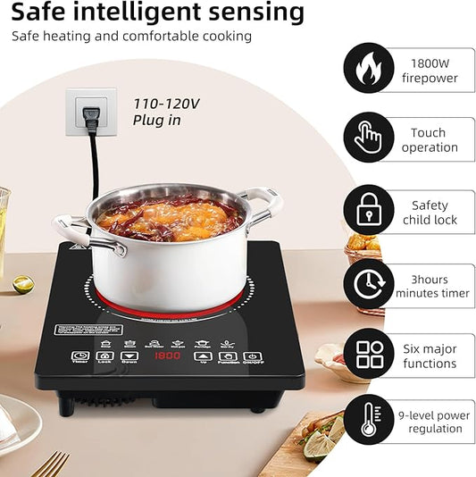 Single Burner Electric Cooktop,110V 1800W Electric Stove Top with LED Touch Control,9 Power Levels, 3 hTimer, Safety Lock,single burner cooktop Overheat protection
