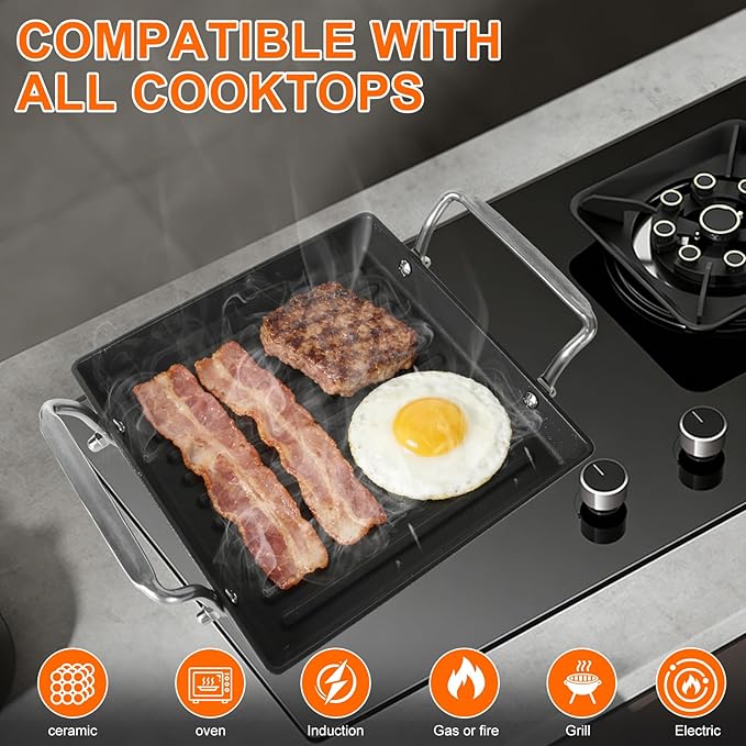 8.6 Inch Stove Top Cast Iron Grill Pan, Medium Pre-Seasoned Ribbed Skillet with Stainless Steel Handle, Square Grill Pan for Gas Grill, Camping, BBQ, One Burner Cookware