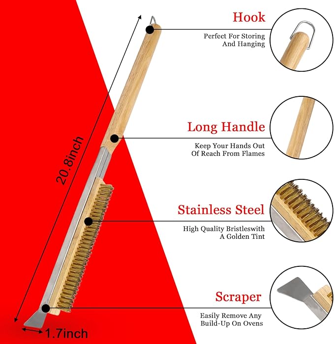 21 Inch Pizza Oven Brush with Scraper -Pizza Stone Brush Cleaning Brush for BBQ, Grill, Wood-Fired Oven, Outdoor Kitchen Accessories, Heavy Duty (Brown)