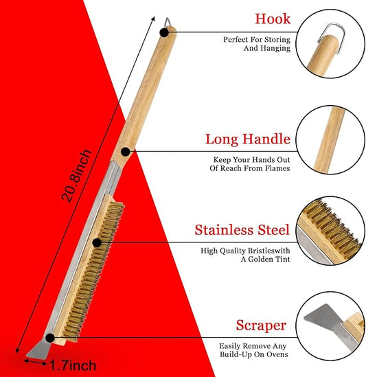 21 Inch Pizza Oven Brush with Scraper -Pizza Stone Brush Cleaning Brush for BBQ, Grill, Wood-Fired Oven, Outdoor Kitchen Accessories, Heavy Duty (Brown)