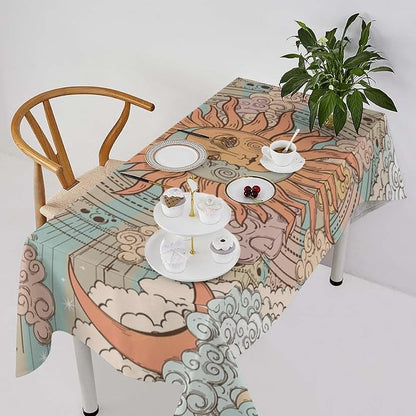 Retro Sun Moon Tablecloth Vintage Mystical Astrology Tarot Zodiac Galaxy Space Table Cloth Water Resistant Wipeable Table Cover for Farmhouse Picnic Party Holiday Kitchen Dinner Table 55"x55"