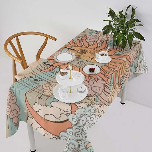 Retro Sun Moon Tablecloth Vintage Mystical Astrology Tarot Zodiac Galaxy Space Table Cloth Water Resistant Wipeable Table Cover for Farmhouse Picnic Party Holiday Kitchen Dinner Table 55"x55"