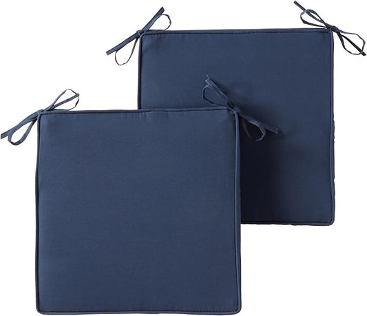 Outdoor 18 inch Square Patio Dining Chair Pads – Comfortable Fiber-Filled Seat Cushions with Ties, Reversible Polyester Fabric - Navy, Set of 2