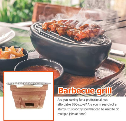 Portable Mini Charcoal Bbq Oven with Pottery Stove and Grill Net, Outdoor Korean Style Barbecue Stove for Camping and Patio Cooking, Brown Vintage Ceramic Grilling Tool Set
