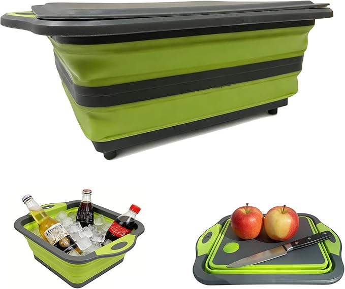 3-in-1 Folding Cutting Boards, Collapsible BBQ Prep Tub with Lid, 9L Container with Strainer, PP+TPR Material Cutting Board, Chopping Board Folds to 1.5Inch Slim for RV, Camping & Small Kitchen