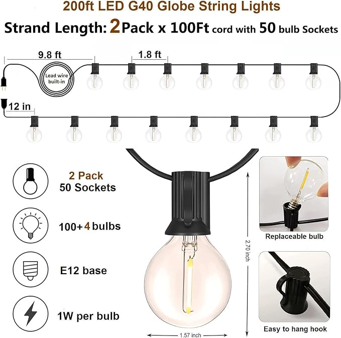 Outdoor String Lights Waterproof Patio Lights 200FT with 100+4 Shatterproof G40 LED Edison Outdoor String for Party Backyard Gazebo Pegola Cafe, 2Pack x 100ft