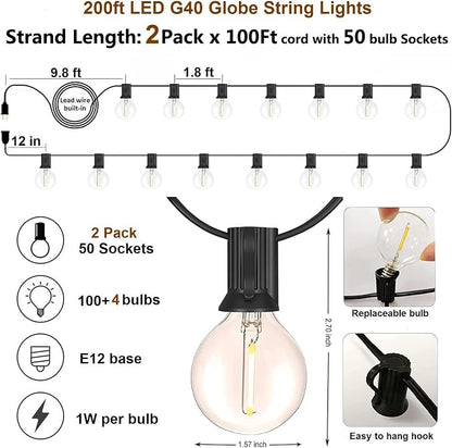 Outdoor String Lights Waterproof Patio Lights 200FT with 100+4 Shatterproof G40 LED Edison Outdoor String for Party Backyard Gazebo Pegola Cafe, 2Pack x 100ft