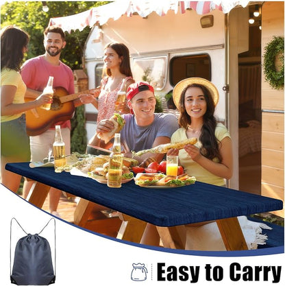 Smiry Picnic Table Cover with Bench Covers, Waterproof Elastic Fitted Tablecloth for 6 Foot Tables, Washable Polyester Tablecloths for Camping, Indoor & Outdoor (Navy & Black, 30x72 Inch 3-pc Set)