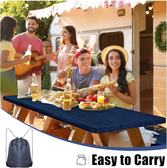 Smiry Picnic Table Cover with Bench Covers, Waterproof Elastic Fitted Tablecloth for 5 Foot Tables, Washable Polyester Tablecloths for Camping, Indoor & Outdoor (Navy & Black, 30x60 Inch 3-pc Set)