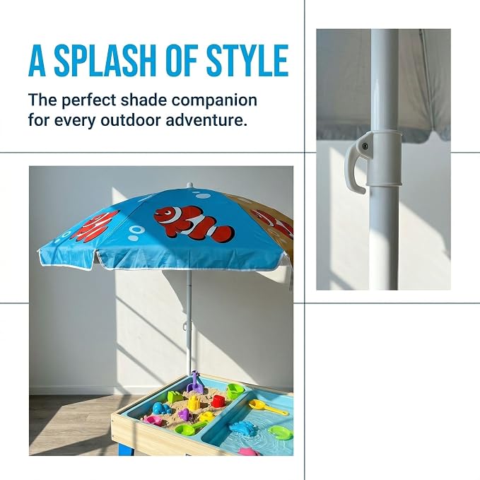 LOTTAFUN Kid 5ft Beach Umbrella Diameter 0.99-1.2 inches Pole UV 50+ Portable Sun Shade with Sand Anchor & Carry Bag, Outdoor Folding Umbrella for Beach,Pool,Patio,Garden (Fish) NO Tilt The sand needs to be over 5 inches above the bottom