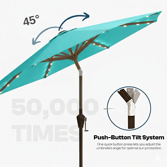 10FT Solar Lighted Patio Umbrella, Outdoor Table Market Umbrellas with Push Button Tilt and Crank, 32 LED Lights, 8 Sturdy Ribs, UV-Resistant for Deck, Garden, Pool