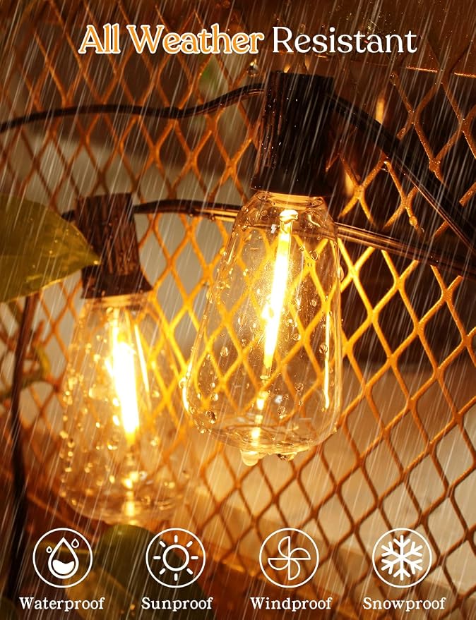 YOYONACY 50 FT Outdoor String Lights - LED Waterproof Patio Lights with Dimmer Remote - Edison Bulbs for Porch, Backyard & Cafe/Bistro