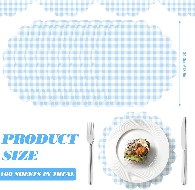 100Pcs Checkered Paper Placemats Light Blue Gingham Place Mats 13.5 Inch Disposable Round Decorative Dining Table Mat with Scalloped Edge Paper Cutouts Decor for Summer Picnic BBQ Table Party Supplies