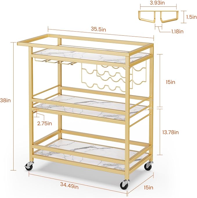 Leteuke Bar Cart for Home, 3 Tier Gold Serving Rolling Carts with Wheels | Drink Cart, Liquor Stand with Marbled Wooden Shelves, Wine Rack and Glass Holder for Kitchen, Dining Room