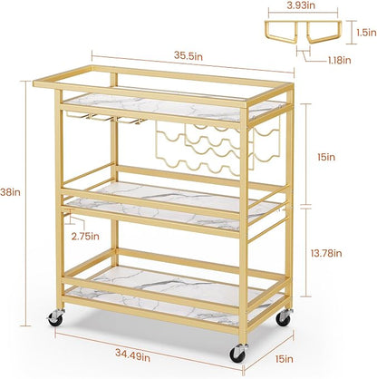 Leteuke Bar Cart for Home, 3 Tier Gold Serving Rolling Carts with Wheels | Drink Cart, Liquor Stand with Marbled Wooden Shelves, Wine Rack and Glass Holder for Kitchen, Dining Room