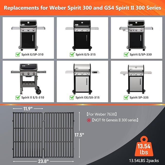 17.5" Grill Grates for Weber Spirit 300, Grill Parts for Weber Spirit E310 & GS4 Spirit II 300 Series, Spirit II E310, Spirit 2 E310, Genesis Silver/Gold B & C,Porcelain Enameled Cast Iron Grate 7638