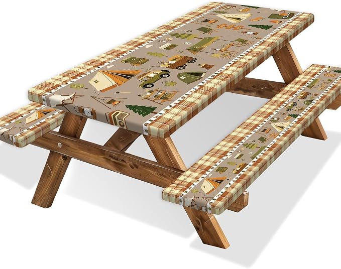 Fitted Picnic Table Cover with Bench Covers & Drawstring Bag, Camping Theme Waterproof Windproof Tablecloth, Elastic Edges Rectangle Table Cover for Outdoor Garden, 3PCS 30x72 Inch