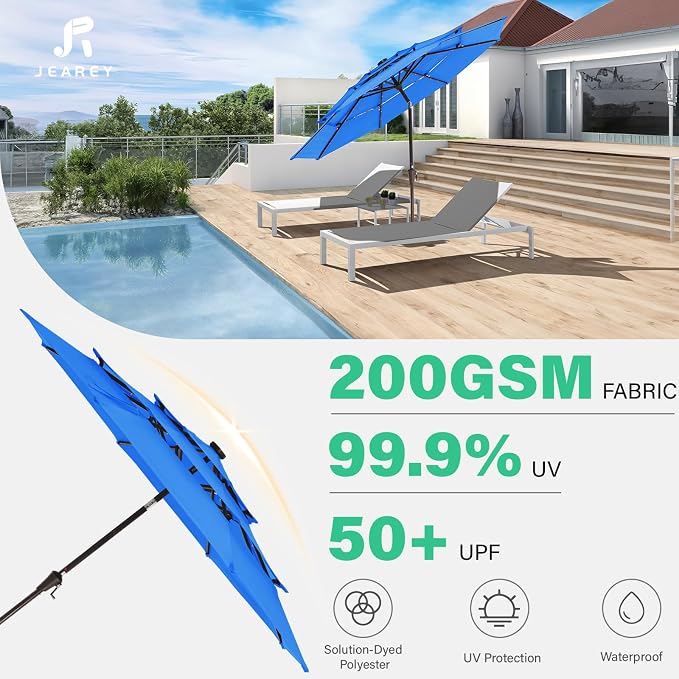 JEAREY 9 ft 3-Tier Outdoor LED Lighted Patio Umbrella w/Crank, Royal Blue | Solar Market Table Umbrella with 8 Sturdy Ribs, UV Protection Waterproof Sunproof for Garden, Deck and Backyard