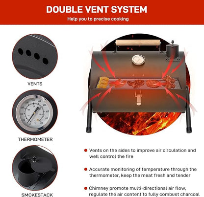 Outvita Portable Charcoal Grill, Tabletop Multi-functional Barbecue Smoker, Small BBQ Grill for Outdoor Cooking Camping Hiking Picnic Garden Beach Party