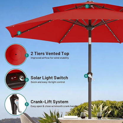 AreShark 9ft 2 Tiers Patio Umbrella with Solar Lights, Outdoor Umbrella w/ 32 LED Lights&8 Sturdy Ribs, Table Umbrella for Deck, Backyard, Pool(Red)