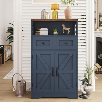 Befrases Farmhouse Blue Storage Cabinet with Barn Doors and Drawers, Small Freestanding Kitchen Pantry Cabinet, Hutch Cupboard for Kitchen, Laundry, Living Room,Bathroom