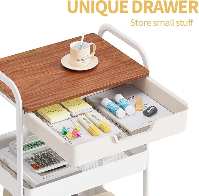 TOOLF 3 Tier Rolling Cart with Drawer, Metal Utility Storage Cart, White | Wooden Tabletop, Lockable Metal Wheels, Trolley Organizer for Bathroom, Kitchen, Office, Nursery, Dorm, Laundry, Craft Room