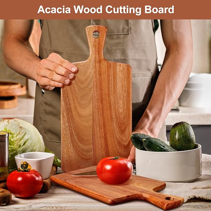 Acacia Wood Cutting Board with Handle for Kitchen, Small Wooden Chopping Boards for Fruit, Cheese, Bread, Meat, Charcuterie, Serving & Carving