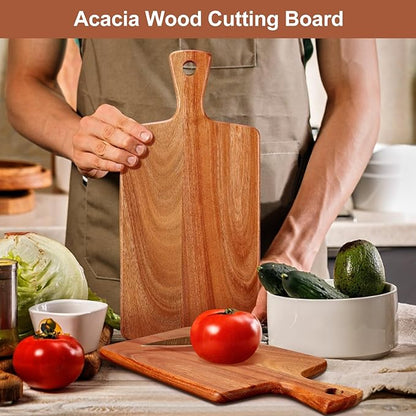 Acacia Wood Cutting Board with Handle for Kitchen, Small Wooden Chopping Boards for Fruit, Cheese, Bread, Meat, Charcuterie, Serving & Carving