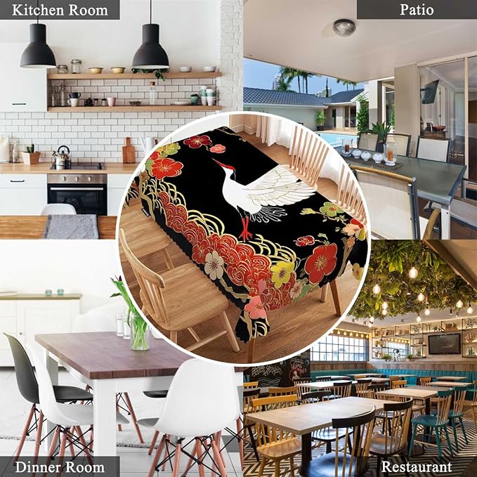 Swono Japanese Crane Tablecloths Asian Oriental Heron Bird Floral Branch Clouds Kitchen Dinning Tabletop Decoration, Polyester Table Cover for Indoor Outdoor 50x72 Inch Tablecloth