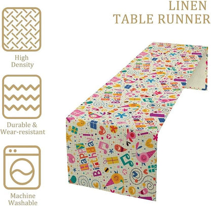 Birthday Table Runner, Dotted Spirals Stars Hearts Musical Notes Surprise Present Boxes Pattern Smil Decor Dining Room Kitchen Runner Fabric Linens 13x108in