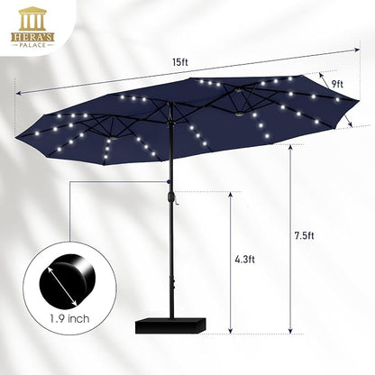 15ft Patio Umbrella with Solar lights & Base, Large Umbrellas, Navy Blue | HERA'S PALACE Rectangle Double Market Umbrella with 36 LED Lights, Big Outdoor Umbrellas for Pool Picnic Inground Yard Deck
