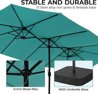 15ft Patio Umbrella with Base, 10-Year-No-Fade Large Outdoor Double-Sided Market Umbrella with UPF50+Terylene Polyester Fabric and Crank for Poolside Garden Deck Backyard Beach Pools