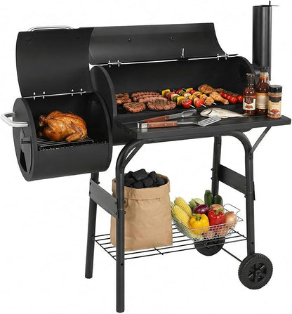 Offset Smoker Charcoal Grill 192 Sq. In. Cooking Space Spacious Barrel Charcoal BBQ Grill for Patio Picnics Camping Backyard Cooking