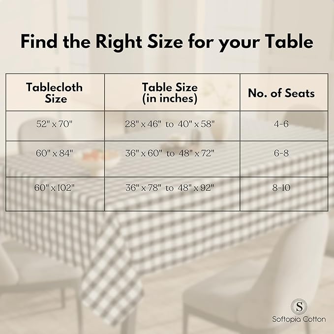 Gingham Buffalo Check 60"x84" Tablecloth 100% Cotton Washable Rustic Rectangle Table Cover Decorative for Gifts, Dining, BBQ, Buffet Parties & Camping - Black