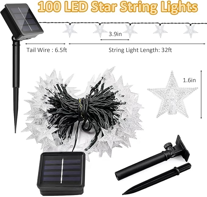 Twinkle Solar Star String Lights Outdoor Waterproof Fairy Lights 39FT 100 LED with 8 Lighting Modes for Camping Garden Wedding Party Tree Holidays Backyard Patio (Cool White)
