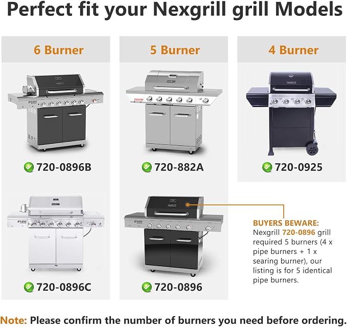 Replacement Parts for Nexgrill 720-0882A 720-0896 720-0925 720-0896B 720-0896C 720-0896E Grills, 5 Pack Grill Flame Tamers Heat Shields & Grill Burner Tubes Replacement