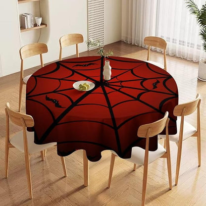 Spider Web Tablecloth, Black Spider Web Bat Red Water Resistant Wipeable Table Cover for Picnic Party Holiday Kitchen Dinner Table 60"