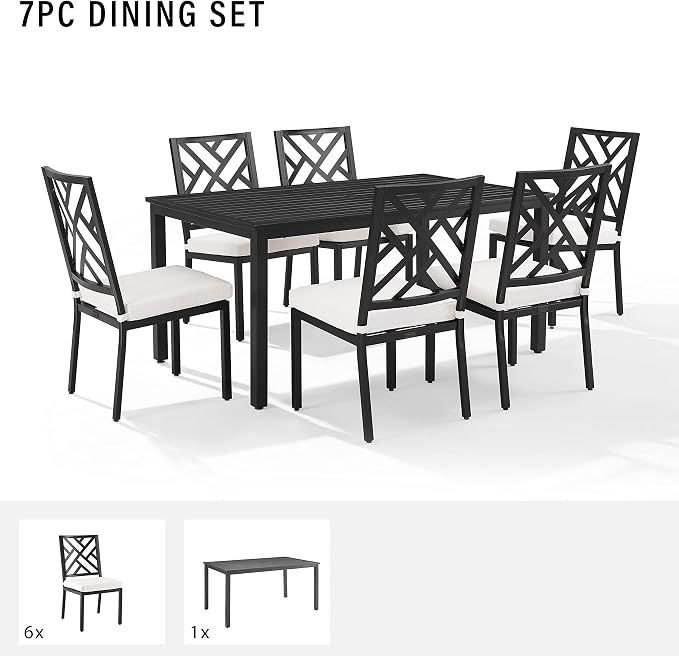Crosley Furniture Locke 7-Piece Outdoor Dining Set for 6, Patio Table and Chairs for Backyard, Deck, Matte Black with Creme Cushions