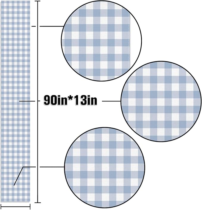 Dusty Blue Gingham Table Runner Light Blue Checkered Boy Girl Baby Shower Birthday Party Decoration Home Dining Kitchen Island Decor (13" x 90")