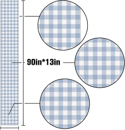 Dusty Blue Gingham Table Runner Light Blue Checkered Boy Girl Baby Shower Birthday Party Decoration Home Dining Kitchen Island Decor (13" x 90")