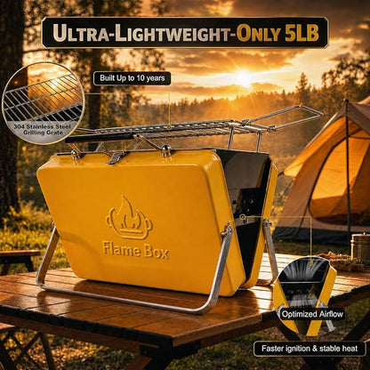Ranger Portable Charcoal Grill – Compact Lunchbox‑Style Folding BBQ for Camping & Beach| Dual‑Zone Heating, Stainless Steel Body, 3-sec Setup, Includes Tong & Cleaning Brush, Serve 2-3 people